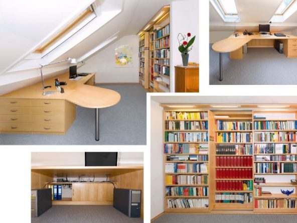Arbeitszimmer mit kompakter Bibliothek
