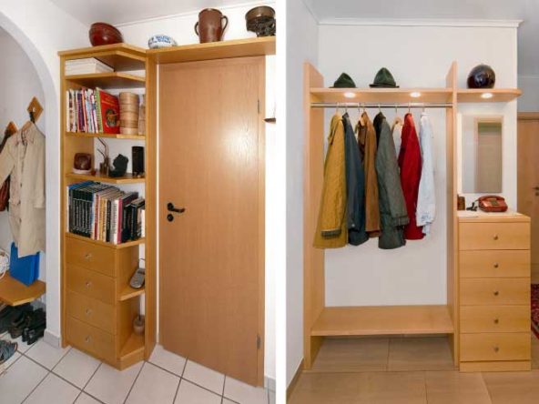 Garderobe und abgeschrägtes Regal mit Schubkästen
