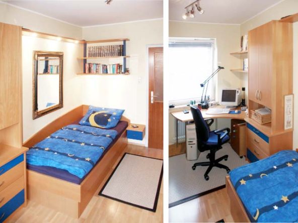 Schreibtisch, Bett und Schrank mit Regal