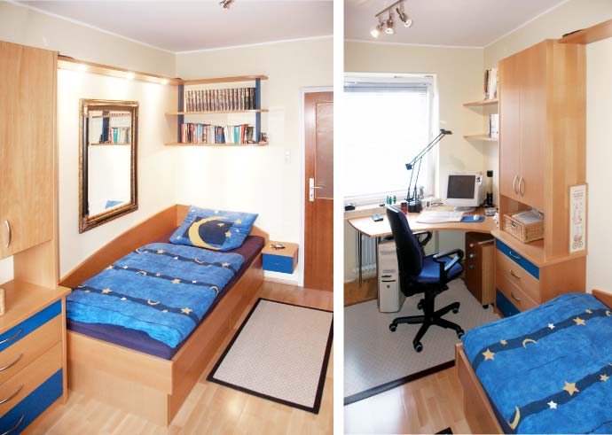 Schreibtisch, Bett und Schrank mit Regal