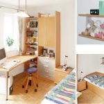 Bett, Arbeitsbereich und Regalelemente