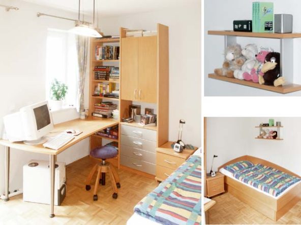 Bett, Arbeitsbereich und Regalelemente