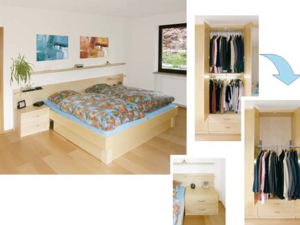 Schlafzimmer mit Doppelbett und Einbauschränken mit Kleiderlift