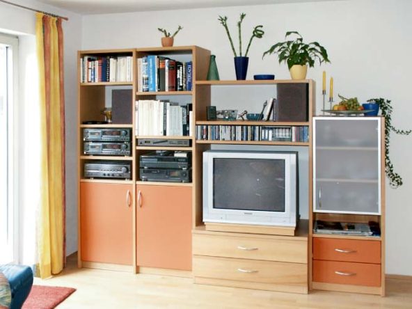 Wohnwand mit kleiner Vitrine und Fronten in Wunschfarbe