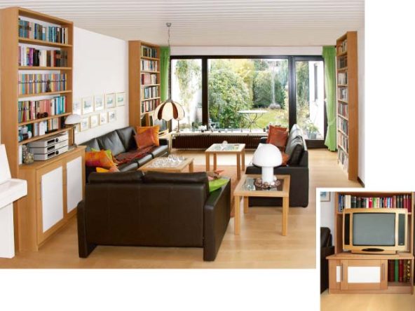 Wohnzimmer mit Regalen und TV-Möbel