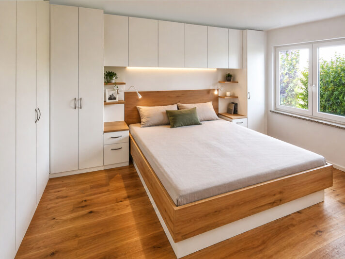 Ansicht aus seitlicher Perspektive der Schlafzimmermöbel mit Bettüberbau