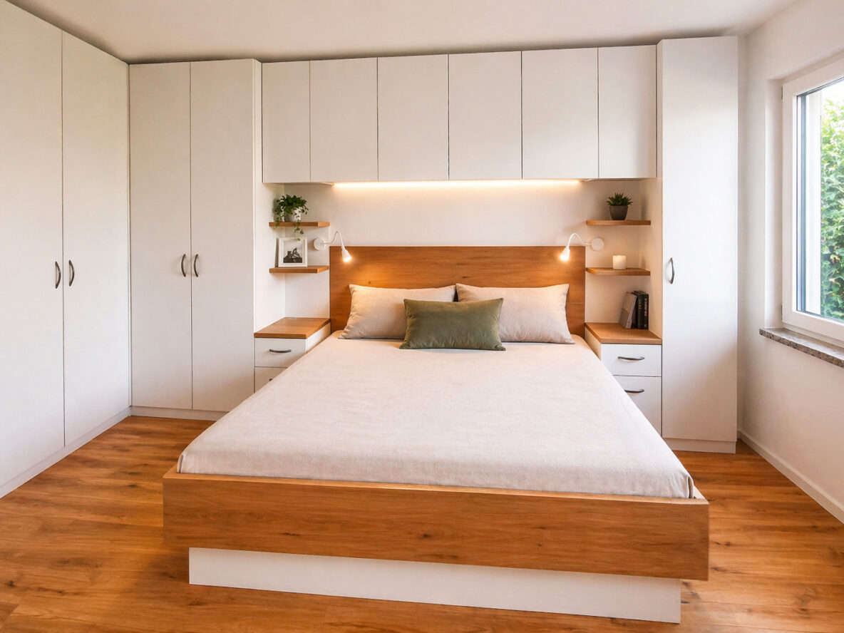 Moderne Schlafzimmermöbel mit Bettüberbau in Eiche und weiß