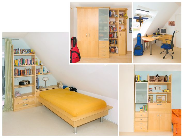 Jugendzimmer mit Schrank, Bett und Schreibtisch