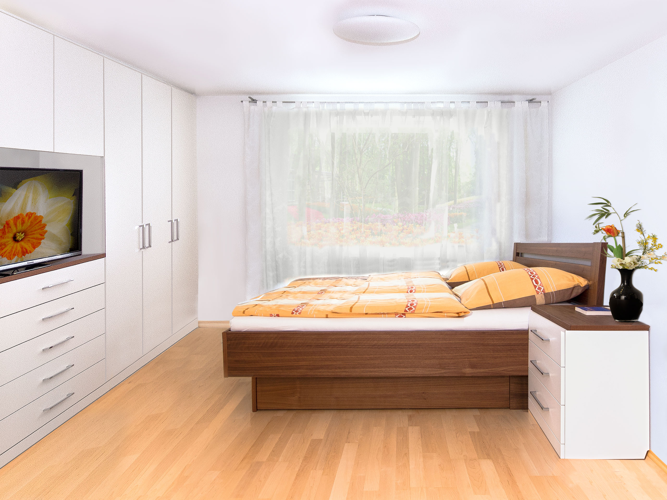 Einbauschrank, Bett, Nachttisch