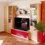Wohnzimmerschrank mit roten Schubladen und Vitrinen