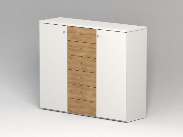 Highboard mit Türen links und rechts, mittig sind sechs Schubkasten