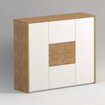 Highboard mit zwei Türen, mittig zwei Schubkasten mit Holzfront, eine große Schublade darunter und einer Klappe darüber.