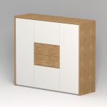 Highboard mit zwei Türen, mittig zwei Schubkasten mit Holzfront, eine große Schublade darunter und einer Klappe darüber.