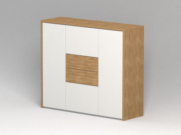 Highboard mit zwei Türen, mittig zwei Schubkasten mit Holzfront, eine große Schublade darunter und einer Klappe darüber.