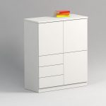 Vierteiliges Highboard mit drei Türen im Quadrat und links unten drei Schubladen.