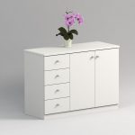 Kommode mit zwei Türen und vier Schubladen auf der linken Seite.