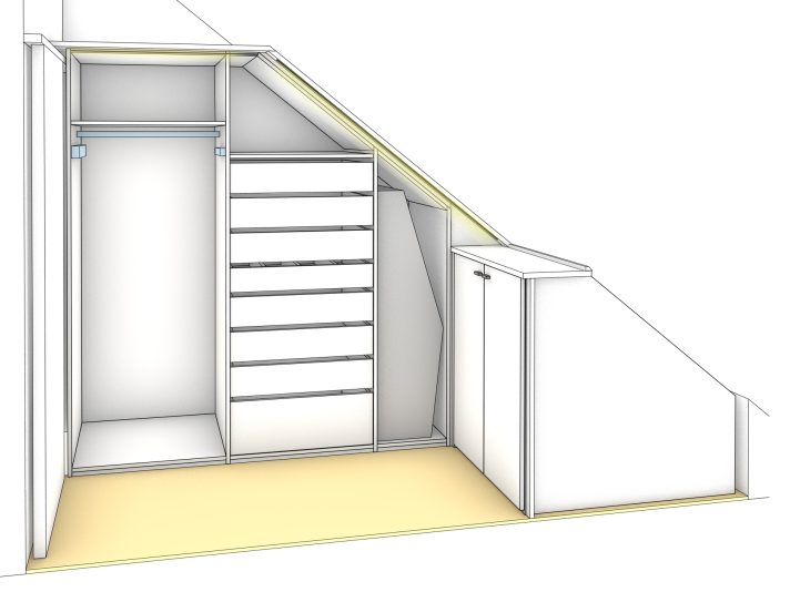 Entwurfszeichnung für kleines Ankleidezimmer mit Schrägen