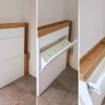 Schuhkommode mit Klappen, Schublade und offenem Fach für Schlüssel in der Materialkombination weiß und Eiche