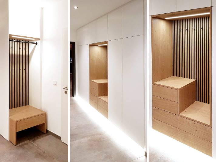 Einrichtungsbeispiele für Möbel nach Ma0 von urbana mit Designpaneelen in der offenen Garderobe und in der offenen Nische des Einbauschrankes.