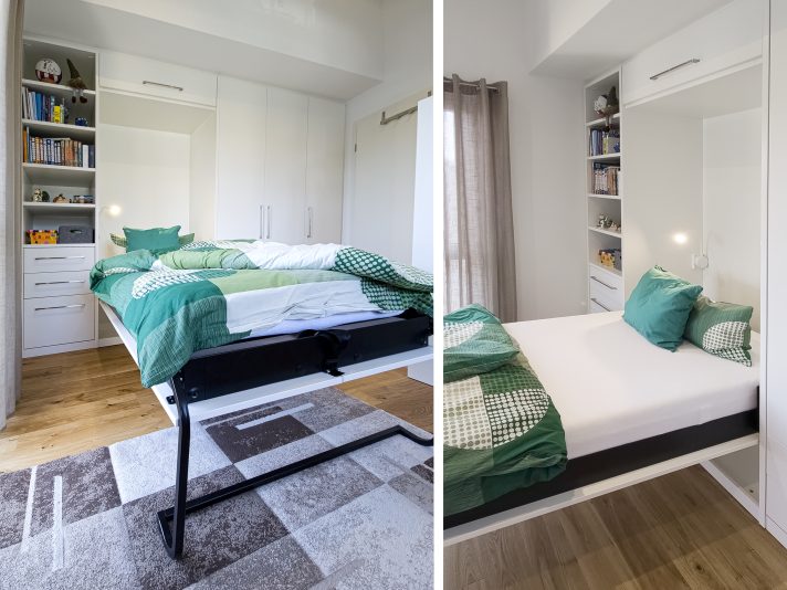 Geöffnete Darstellung des Schrankbettes. Es gibt eine integrierte Lampe.