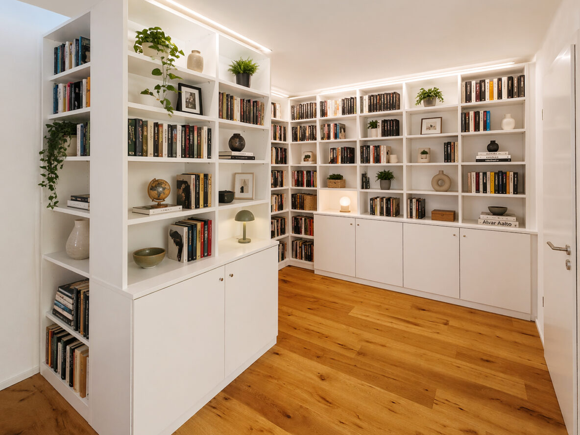 Bücherregal groß. Dieses Bild wurde mit KI bearbeitet.