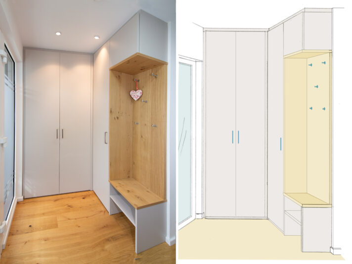 Planzeichnung und Foto einer Garderobe über Eck in hellem Grau und Asteiche Echtholz.